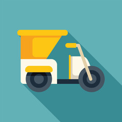 Yellow and white three wheeled motorized rickshaw taxi public transportation icon with a long shadow