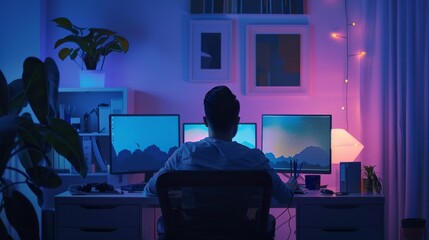 Fototapeta premium A graphic designer sits at their desk in a brightly lit home office, surrounded by multiple monitors and working late into the night