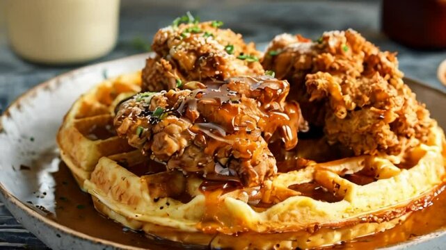 Footage panning camera shot of traditional sweet and savory American dish of crunchy fried chicken and waffles drizzled with maple syrup. Hearty comfort food
