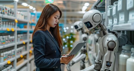 Obraz premium Female business professional using a tablet near robots in a modern office environment