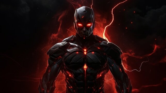 A superhero stands in a fiery, red background - Powered by Adobe