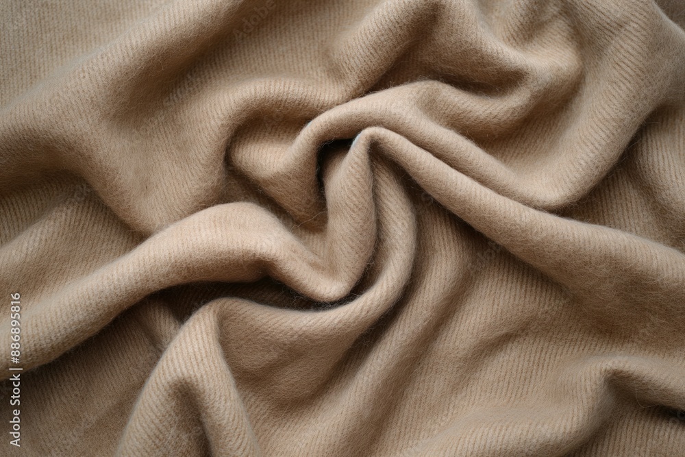 Poster Wool fabric texture close-up. Natural brown wool cloth with smooth surface and intricate design. Folded in half to reveal pattern. Blurred background emphasizes fabric details.