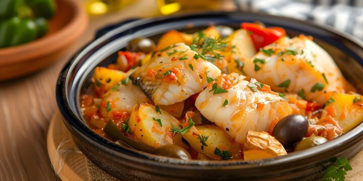 Classic Portuguese Bacalhau com Broa Recipe with Codfish, Potatoes, Peppers, and Olives. Concept Portuguese Cuisine, Bacalhau com Broa, Codfish Recipes, Traditional Dishes, Mediterranean Cooking