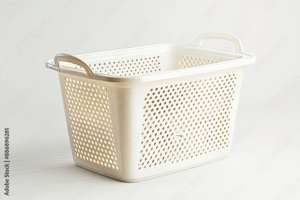 Poster a simple white plastic basket with handles against a clean white background, ideal for showcasing pr