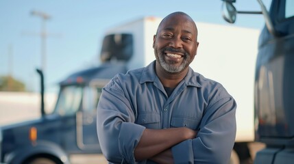 Mature Smiling African American Truck Driver in Uniform Standing in Front of Semi Truck Fleet Professional Transportation Industry Portrait