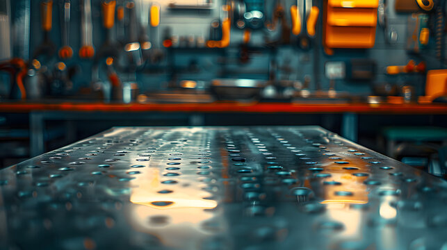 A metal blank tabletop with blurred automotive tools and parts in the background suitable for promoting automotive products