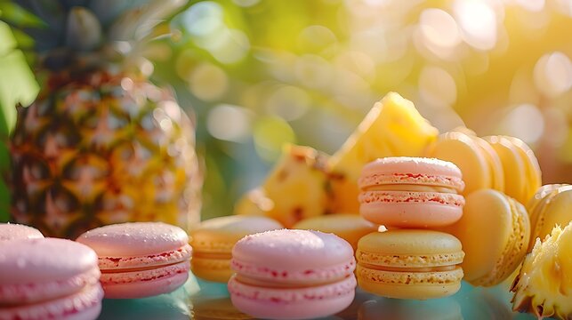Tropical paradise macarons arranged in a circular pattern on a glass table, with vibrant bright colors of pineapple yellow, flamingo pink, and palm green. The background is a blurred garden scene,