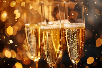 Close-up of a sparkling champagne glass with golden bokeh lights in the background, perfect for celebrations and festive occasions