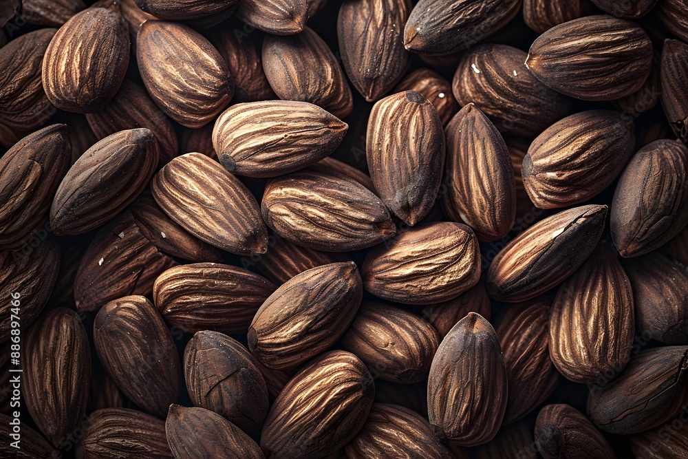 Poster close-up of raw almonds with textured shells