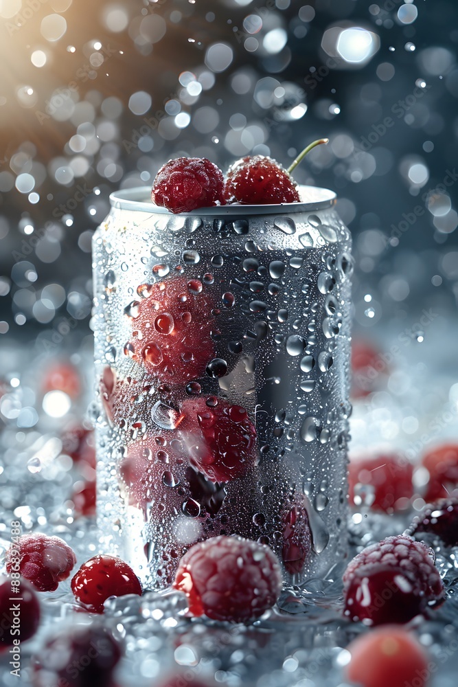 Poster refreshing raspberry beverage can with water droplets