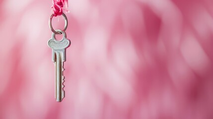  A tight shot of a key dangling from a string against a pink backdrop Background features a softly blurred scene