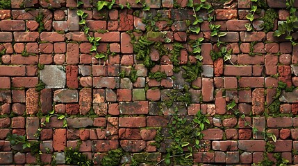 A brick pattern of weathered red bricks with patches of moss and ivy crawling up an old castle wall.