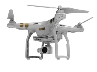 Realistic 3D render illustration of professional remote controlled wireless RC quadcopter drone with 4K video and photo camera for aerial photography isolated on white background