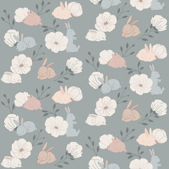 Sleepy rabbit pattern with floral design