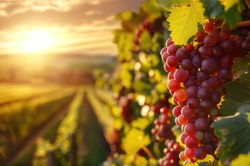 Vineyard sunset scene with ripe red grapes on vines. Low-angle shot of grape cluster against warm orange, yellow sky. Rows of vineyards stretch into distance. Wine, agriculture, travel themes.
