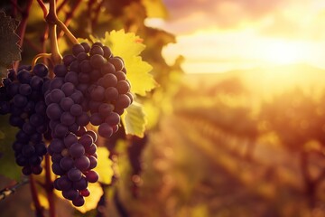 Vineyard sunset scene with ripe dark purple grapes and green leaves. Warm orange yellow sky casts soft glow. Ideal for wine labels, travel, foodie, nature, relaxation.