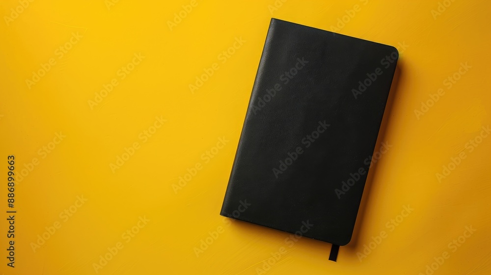 Poster notebook in black color against yellow background captured from a flat lay or top view perspective