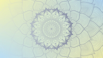 Round mandala on dreamy peach fuzz gradient background. Translucent mesh pattern in the form of a mandala. Mandala with floral patterns. Pastel Yoga template. Gradient background with round mandala.