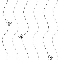 Cut here seamless pattern. Vector scissors with dotted lines, paper cut here seamless pattern for ticket, coupon, promo code.
