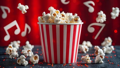Classic red and white striped popcorn box with musical notes, movie snacks, theatre experience