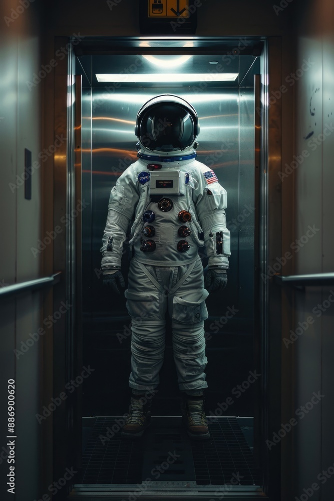 Poster A person in a space suit stands in an elevator, possibly on a spaceship or in a futuristic setting