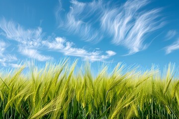 Fototapeta premium Golden Wheat Field Under a Clear Blue Sky with Whimsical Clouds