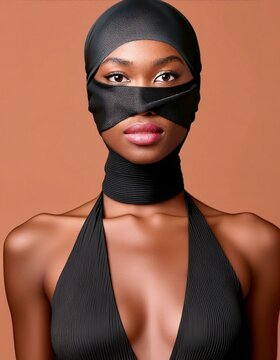 Stunnig woman of great beauty, tanned skin, in swimsuit with face partially covered in an offbeat portrait isolated on peach fuzz color background