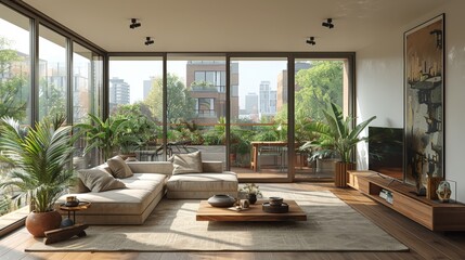 Fototapeta premium Room Design with Light Tones and Minimal Furniture.