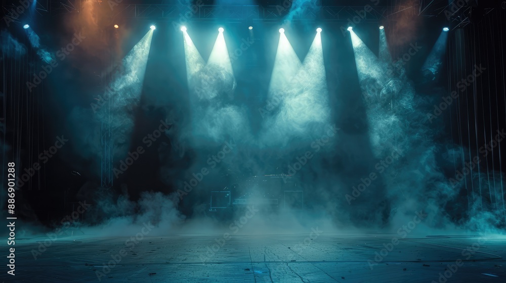 Poster professional and high-energy empty concert stage with illuminated spotlights and smoke for a dynamic