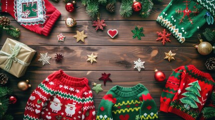 fun and playful flat lay of National Ugly Christmas Sweater Day decorations on a wooden table with a colorful and festive twist