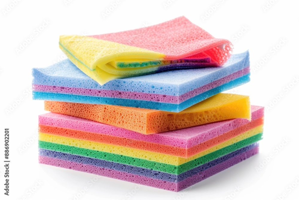 Poster a collection of colorful sponges stacked on top of each other