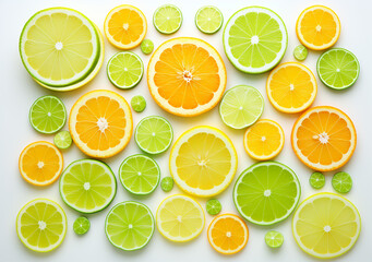 A fresh sliced citrus fruits like lemons, limes, and grapefruits in juicy yellow and green