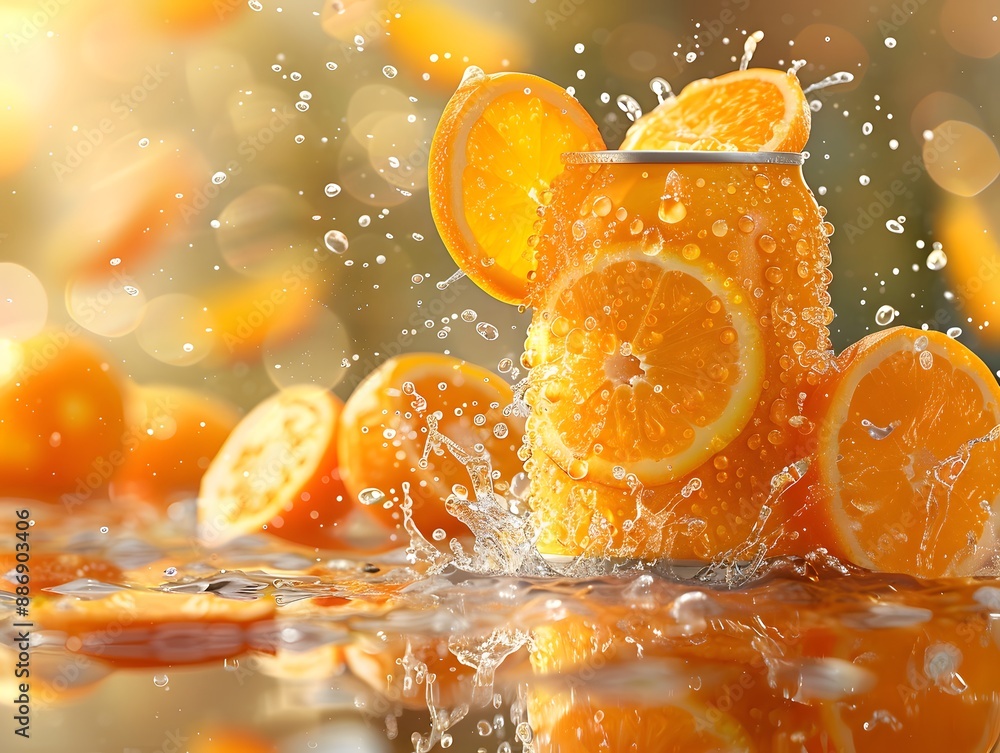 Poster refreshing splash of orange soda with fresh citrus slices