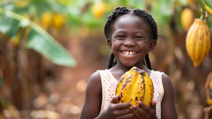 A young girl stands amidst lush cocoa plants, holding a ripe cocoa pod. She smiles widely, showing her joy and connection to the land