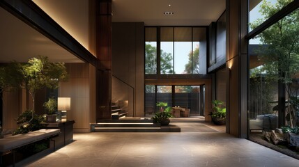 Obraz premium A large open space with a staircase leading up to a balcony. The space is filled with plants and has a modern, minimalist design