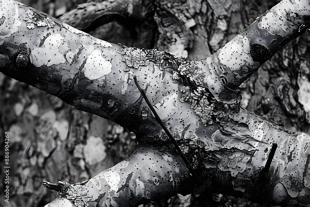 Poster close-up of tree bark with intricate patterns in black and white