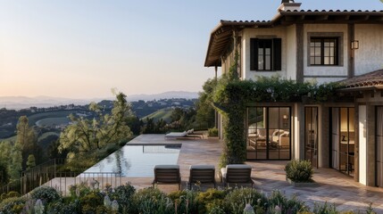 A large house with a pool and a garden. The house is surrounded by trees and mountains