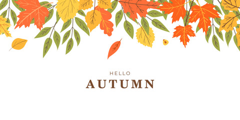 Autumn white background with yellow and green falling leaves. Flat doodle style. Vector illustration.