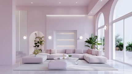A living room with a pink wall and white furniture. The room is decorated with plants and has a modern and elegant style
