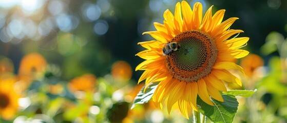 Fototapeta premium Sunflower Serenade: Bumblebee Collecting Nectar from Vibrant Bloom in Sunny Garden
