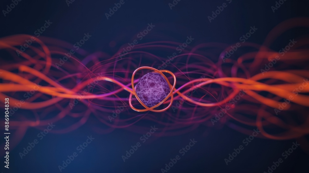 Poster abstract representation of quantum mechanics with colorful lines and particles on a dark background,