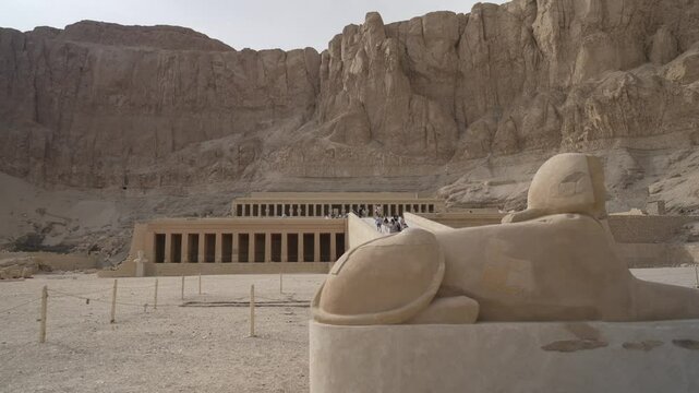 View of tourists approaching Mortuary Temple of Hatshepsut, Mortuary Temple of Hatshepsut, Deir el-Bahri, UNESCO World Heritage Site, Thebes, Egypt, North Africa, Africa