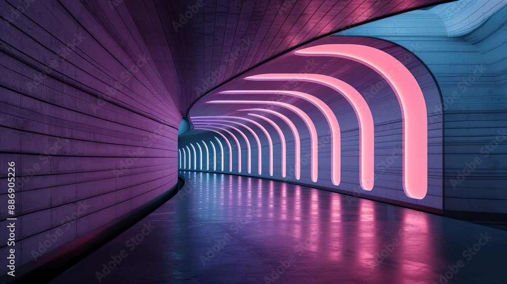 Poster futuristic tunnel with vibrant neon lights creating an abstract and colorful pattern, perfect for mo