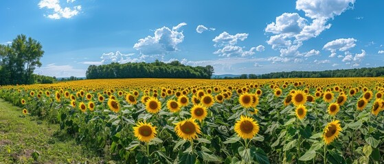 Obraz premium Golden Beauty: Serene Field of Sunflowers Against Distant Tree Line