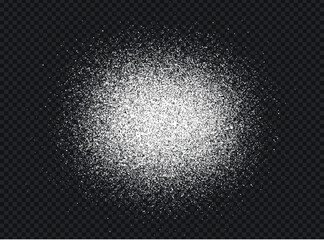Salt or sugar crystal powder, flying dust particles. White dust grain texture isolated on dark background. Crushed granules of sand or flour. Vector illustration of spilled powder