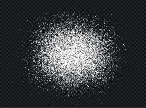 Salt or sugar crystal powder, flying dust particles. White dust grain texture isolated on dark background. Crushed granules of sand or flour. Vector illustration of spilled powder