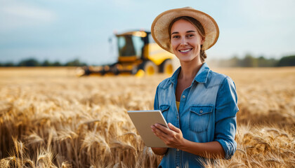 Caucasian ethnicity young female farmer wearing straw sunhat stands on wheat field and using digital tablet on background of blurred combine harvester.