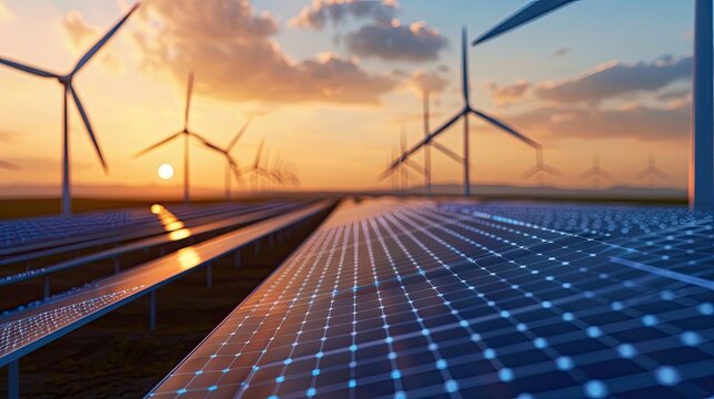 Solar panels and wind turbines at sunset, representing renewable energy and sustainable power generation concepts for a green future.