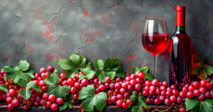 Beautiful still life with a glass of rose wine and a bottle of wine in front of old grey wall with red grapes.