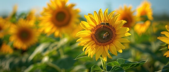 Blooming Sunflower Garden Abuzz with Bees Collecting Nectar on Sunny Day